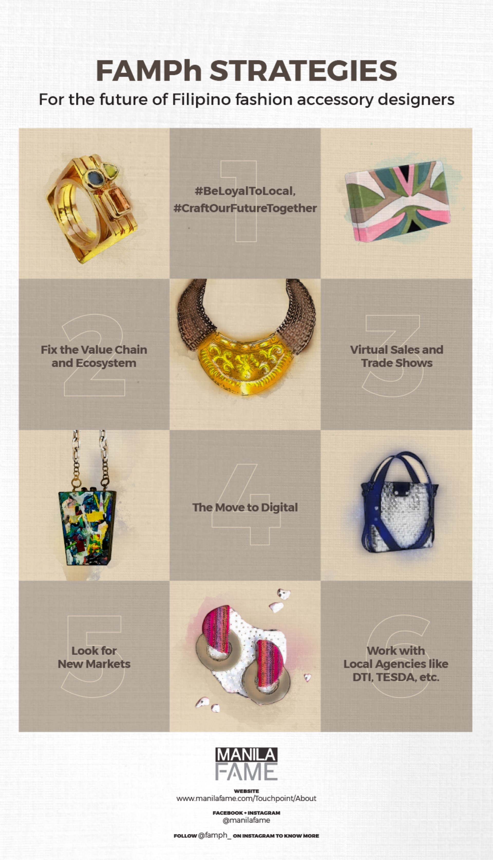 Ring by Alchemista; clutch by Beatriz; necklace by Agsam Fashion Fern; Bags by Virtucio and Maco Custodio; earrings by Tropik Beatnik